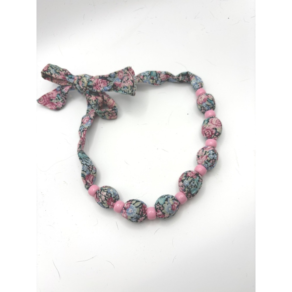 Floral Fabric Bead Necklace Pink Accent Bow Tie Cottagecore Style